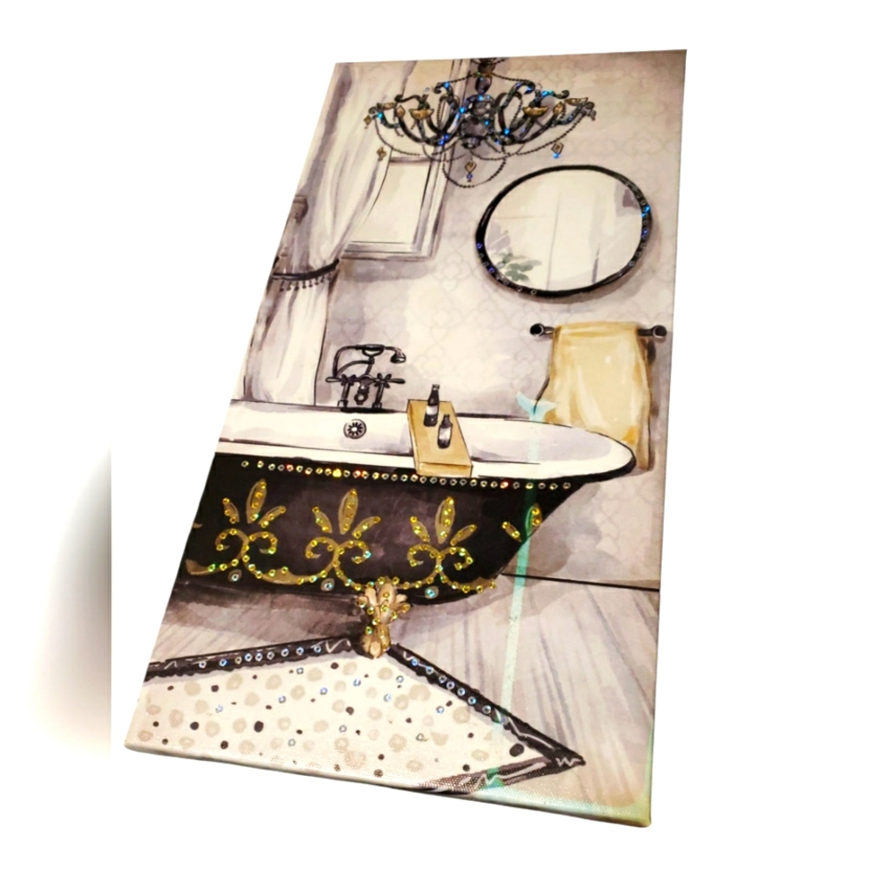 Elegant Bathroom Canvas Art with Gold,  Silver And Colorful Bling Accents